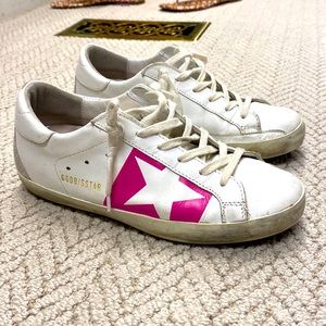 White golden goose superstars with hot pink star